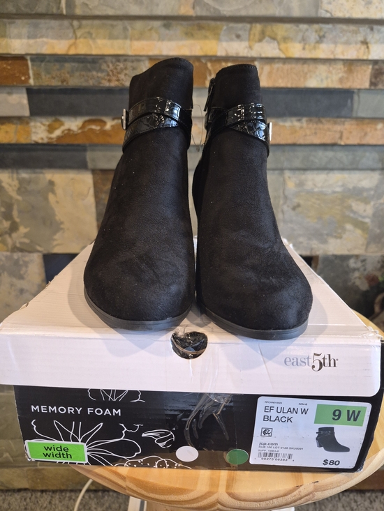 East 5th Shoes - East 5th Black Suede Ankle Booties with Patent Buckle